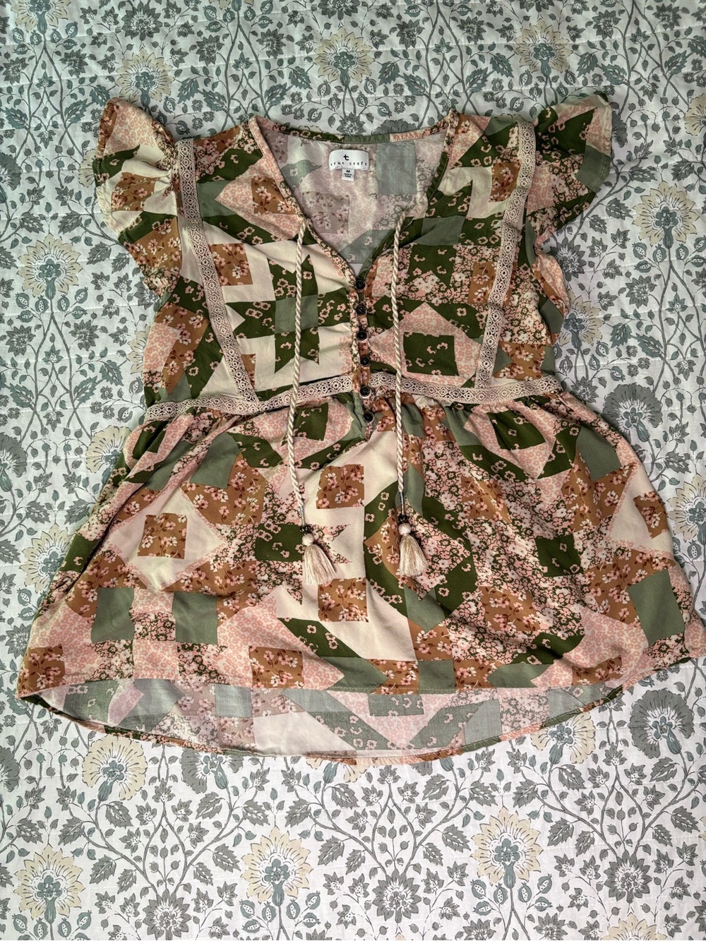 True Craft Pink, Olive & Tan Patchwork Floral Tie-Front Blouse